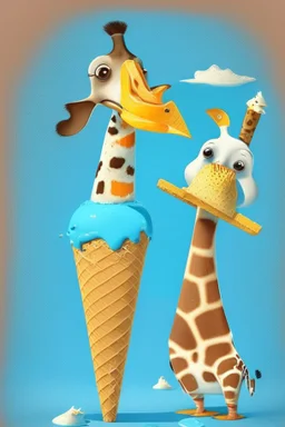 Cartoon character penguin and giraffe eating ice cream