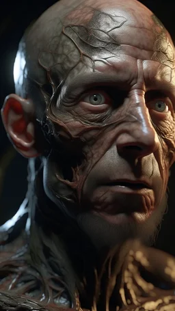 Busch painting style nightmare, a zoomed top view of a man his head is a broken metallic skin texture in a 3d rendering full-height image of a grim and dark scene. Ensure the final images exhibit the utmost quality, encompassing 4K, 8K, and 64K resolutions, with 3D rendering that manifests in photorealistic, hyperrealistic, and highly detailed representations. Employ techniques such as HDR, UHD,