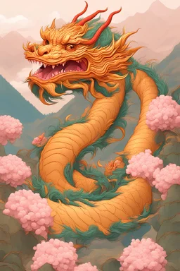 Bitcoin and dragon, Eastern people are smiling, moutains are far away, it is happy new year, we can see flowers are in full bloom