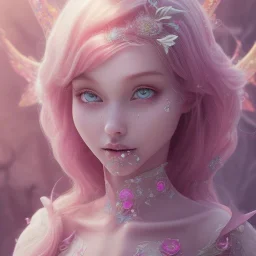 a pink castle, a cheerful fairy in front, big smile, pink, blonde hair, beautiful, whole face, whole top hair head, wide open blue eyes, transparent wings onn the back, hyperrealism, masterpiece, expert, cinematic lighting, sharp focus, 8K, pastel, macro lens, woman, detailed, flower