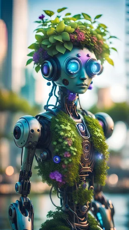 a full body portrait of a vegan hippie cybernetic robot made of living plants in all colors, and having a sentient look in its eyes, like a buddha, on a glass pier,bokeh like f/0.8, tilt-shift lens 8k, high detail, smooth render, down-light, unreal engine, prize winning