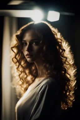 Использование тени portraying a youthful, model, face of woman bathed in a spotlight, soft lush curly warm long hair, silhouette standing out against dark surrounds, crisp edge lighting, long shadow stretching out, cinematic composition, monochromatic palette with a splash of color from the spotlight, high contrast, emphasis on negative space, digital painting, masterpiece, sharp focus, depth of field, unreal engine, perfect composition, digital art on pixiv, artstation, 8k, hdr,belly dancer