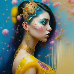 iv_a painting of a young woman, figurative art, an acrylic detailed painting, , brush strokes, paint drips and drabs and splatters by Harumi Hironaka, turquoise pink and yellow, james terrell art, trending on artstation, soft lines,intricate art by bastien lecouffe deharme and greg rutkowski