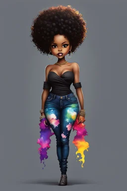 create a colorful abstract silhouette art image 8k of a chibi curvy black female wearing torn jeans pants and a black tie dye off the shoulder blouse. Prominent make up with hazel eyes. Highly detailed long tight curly afro in a hair wrap.