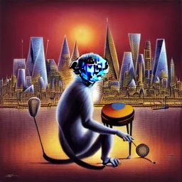 A monkey playing the drums, london skyline at night, in the style of Salvador Dali