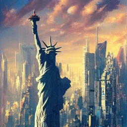 Cyberpunk scene of futuristic Liberty Statue of New York, masterpiece,galaxian,sci-fi, in the style of John Berkey