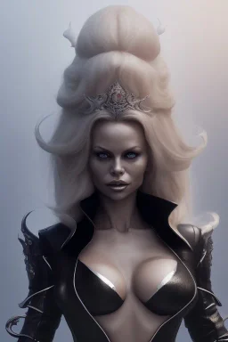 Pamela Anderson as evil queen in black leather, leather, busty, cleavage, angry, stern look. character design by cory loftis, fenghua zhong, ryohei hase, ismail inceoglu and ruan jia. unreal engine 5, artistic lighting, highly detailed, photorealistic, fantasy