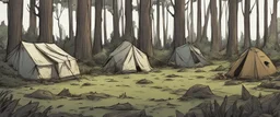 campsite, tents, overgrown, post-apocalyptic, comic book, forest, cinematic, from far away,
