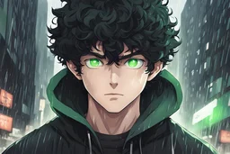 Anime young man with bright green eyes, superpowers, and a black hoodie, he also has short black curly hair with light green highlights, he’s in the city it’s a rainy dark city