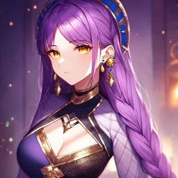 girl, masterpiece, best quality, cinematic lighting, detailed outfit, perfect eyes, purple hair, vibrant golden eyes, braided bangs, earrings,