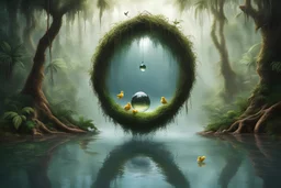 *water mirror in the background, a tropical, dense forest, above the water mirror there is a gigantic, transparent drop of water hanging, with a bird's nest with chicks in it, splashes on the surface of the water mirror