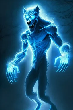 a very thin male glowing blue ghost werewolf with a long wolf snout and claws for hands