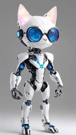 (robotic cat humanoid form inspired spiderman, white color: 1.3), ((blind box toy style:1.3)), (full body shot), a cute transparent robot cat, Transparent Mech, Exquisite Helmet cat :1.2, Glasses:1.2, Cyberpunk, dreamy glow , bright neon lights, clean, white background, (global illumination, ray traching, HDR, unrealistic render, reasonable design, high detail, master part, best quality, hyper HD, cinematic lighting)