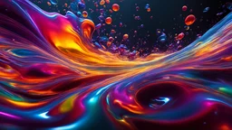 7714. Colourful immiscible liquid globules floating in a wild random dance, liquid medium, mixed, distorted, spectacular, strange globular shapes, wild, fantasy, futuristic, artistic, attractive, beautiful lighting, attractive composition, photorealistic, extremely detailed, chiaroscuro