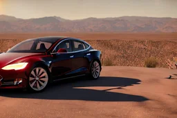 A Tesla 'Model S' is parked, in the Mojave Desert. (CINEMATIC, WIDE ANGLE LENS, PHOTO REAL)