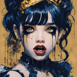 Poster in two gradually, a one side malevolent goth vampire girl face show his tonge, and other side the Singer Melanie Martinez face, painting by Yoji Shinkawa, darkblue and gold tones,