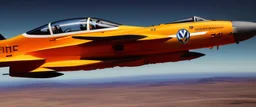 A national geographic award winning photograph of a military fighter jet station wagon wasp hybrid designed by volkswagen only one vehicle per image painted metallic orange traveling at a high rate of speed, jet intake off of front center of vehicle and jet exhaust out the rear with bright blue flame