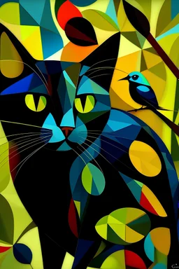 gato negro mirando a un pajarito cubismo