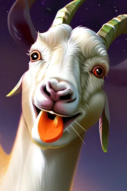 goat eating carrot with mouth open in space