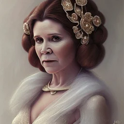 hyperspace background, complete and photo realistic detailed head to waist stunning photo realistic portrait of carrie fisher as Princess Leia in star wars with photo realistic wedding hairstyle by Mandy Jurgens and mucha and Richard Schmid and chuck close and chie yoshii, extraordinary and detailed ceremony dress of star wars,brown eyes