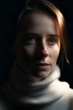 Close-up close-up of a woman wearing a beautiful white pullover. Her face half covered with the collar of the pullover. Scene very illuminated.