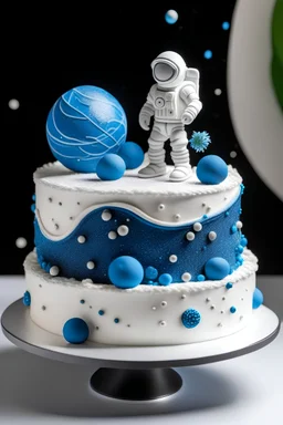 White round cake with blue gliter balls on one side, on the top are tree astronaut blue silver and white