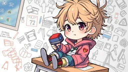 detailed digital art style, cute anime, detailed chibi face, sitting on school desk in hand a toy, in colorful modern-fantasy clothes , messy hair random drawing background, childbook style, highly detailed no photorealism