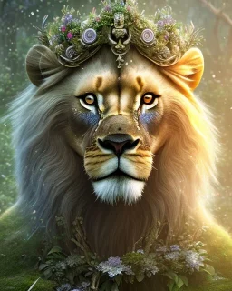 Young beautiful girl wearing floral crown next to a majestic, stunning lion on nature forest path, Chronicles of Narnia, 8k resolution, high-quality, fine-detail, iridescent, intricate, digital art, detailed matte, volumetric lighting, beautiful, illustration, 3D octane render, brian froud, howard lyon, selina french, anna dittmann, annie stokes, lisa parker, greg rutowski,