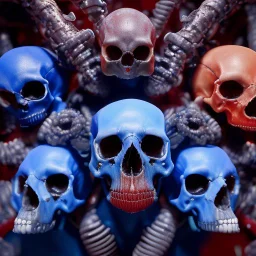 a picture of a dark, comedic, anatomically correct wall of red white and blue tightly packed stacked cyborg skulls of varying sizes and expressions, photo realistic, insanely meticulous, highly detailed, part of a collection of bones on display, 64k, dystopian, vray