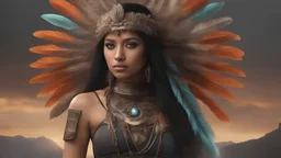Photoreal ef-face unearthly gorgeous indigenous godlike mayan girl overlooking a heavenly mayan valley adorned in clothes adorned with feathers that flutter with every step exuding beauty that blends seamlessly with the natural surroundings and hair cascading down her back like a waterfall of obsidian and eyes holding a spark of wild intelligence, otherworldly creature, in the style of fantasy movies, shot on Hasselblad h6d-400c, zeiss prime lens, bokeh like f/0.8, tilt-shift lens