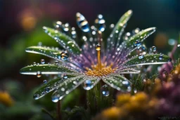 spring dew, macro photo, sparkling magical fantasy, glass flower dewdrop, very detailed, amazing quality, etheral, intricate, cinematic light, highly detailed, beautiful, epic, galaxy fantasy colors, stunning