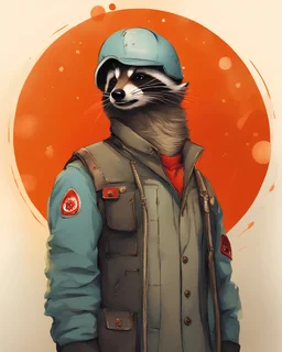 raccoon wearing clothes and Helmut