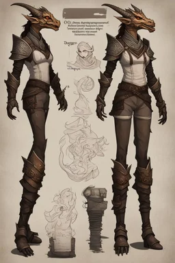 a female dragonborn inventor OC reference sheet