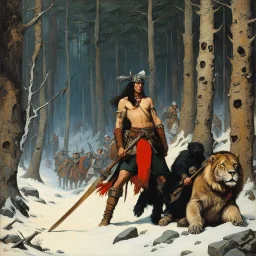 [art by Norman Rockwell] THE DEATH DEALER: tribeless barbarian in a large forest that, after the end of the Ice Age, will one day become the Mediterranean sea. When the Mongol-esque Kitzaak Horde invade the forest, various parties try to recruit Gath's aid to defend against them. One of them, the beautiful sorceress Cobra, gives Gath a helmet possessed by the god of death. The helmet gives him godlike power but at the same time tries to break Gath to its will. With the help of the worldly travel