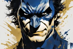 poster in two gradually, a one side half face Batman darkblue tones and other side half face Joker gold tones, painting by Yoji Shinkawa,