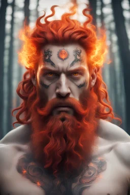 God Zeus in the forest, red eyes, fiery beard, fiery hair, ethnic symbols, Scandinavian signs, tattoo, high definition image, realistic image