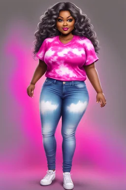 Create an airbrush cartoon image of a curvy black female wearing a hot pink tie dye t-shirt with white cut up jeans. Prominent make up with hazel eyes. Highly detailed long wavy brown and grey ombre hair flowing in the air.