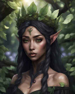 Druidic, natural beauty, Japanese facial features, brown skin, green eyes, dark elf, drow, elf, black hair, druide, black dress, mystic, soft light, nature, shabby, natural, garden, magical, fantasy, realistic, no jewellery, leaf crown