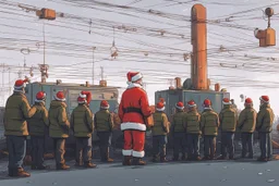 Santa Claus is visiting a factory and give all the workers presents, cartoon style Simon Stålenhag