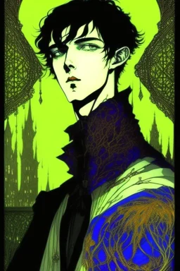 black hair, 17 year old, male, alchemist, in the style of Harry Clarke