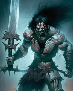 cursed apocaliptic screaming scary zombie human berserker meaty black hair big greatsword