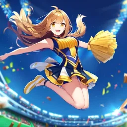 Clear focus,High resolution, one girls, wearing a cheerleader outfit, smiling, jumping, hair flowing, brown long hair, yellow eyes