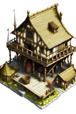 A highly detailed, stylized, craft, topdown, 3D render of an medieval fishery building isolated on a white background as an rpg game asset.