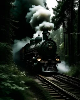 carton style czarna ogromna parowa lokomotywa, czarny dym z komina, biała para z przewodów i cylindrów jedzie przez las, tor ma dwie szyny