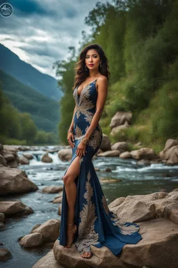 full shot body photo of the most beautiful artwork in the world featuring model, happy mood, High Detail, dramatic, photo realistic, ultra sharp, ultra hd, hyper realistic, ultra realistic, ((((dress)))), trending on artstation, sharp focus, studio photo, intricate details, highly detailed, standing in nice pose in country side with river ,water fall ,rocky valley,mountains at background, pretty clouds