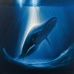 A dramatic, chiaroscuro-style acrylic painting of a powerful sperm whale hunting its prey in the depths of the ocean, with stark contrasts between light and shadow to emphasize the intensity and raw beauty of the scene