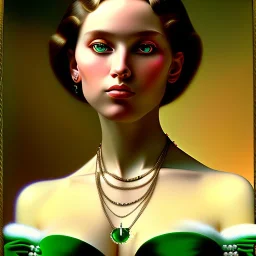 oil Portrait of a dark blonde beautiful busty voluptous adult woman with emeralds necklace with big Green sad eyes looking to viewer by GRANT WOOD Ingres 8k