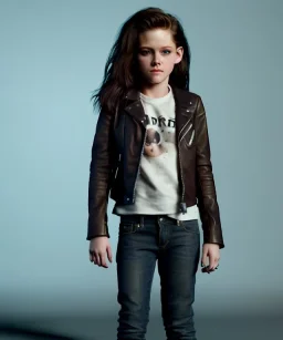 Kristen stewart toddler, full body, leather jacket, dramatic lighting, hyper realistic