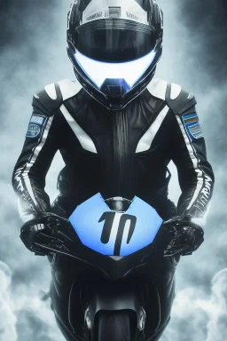 All Black racing suit AnnaSophia Robb, portrait, ghost mask, wearing high tech racing helmet, white smoke, dark, rage, sorrow, high definition, ultra 8 k, volumetric lighting, blue fire, fog