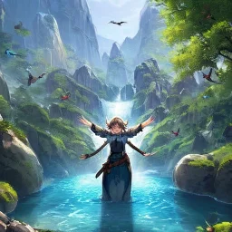 anime girl meditating pose, with arms outstretched, rock trees, birds, creek